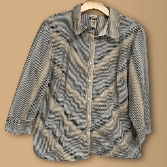 Covington Women's size XL tan gray diagonal Stripe 3/4 sleeve button up Blouse - Picture 1 of 10